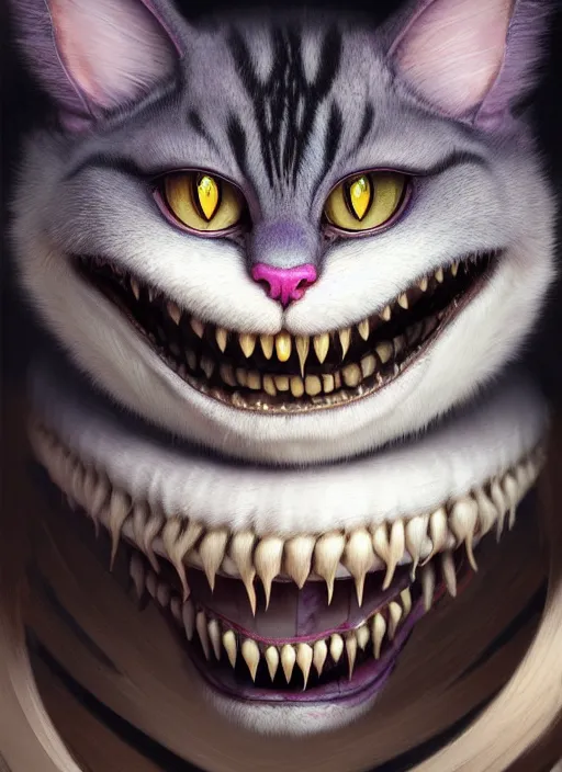 Image similar to cheshire cat, realistic, intricate, elegant, highly detailed, digital painting, artstation, concept art, smooth, sharp focus, illustration, art by wlop, mars ravelo and greg rutkowski