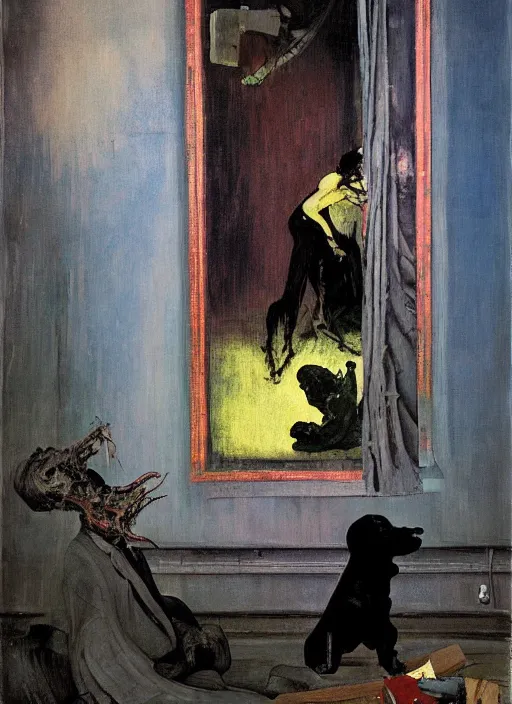 Image similar to two dark figures laughing and a black dog inside a decayed contemporary living room with large oxygen tank in the style of Francis Bacon and Zdzislaw Beksinski, Edward Hopper and Norman Rockwell, highly detailed, very coherent, triadic color scheme