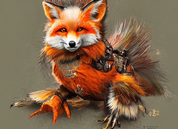 Image similar to ashigaru steampunk - inspired feathered fox, colorful plumage, lacquered armor, cute but determined, hard focus, art station, by jessica rossier and brian froud, cinematic fantasy painting, orange grey white, in a woodland glade