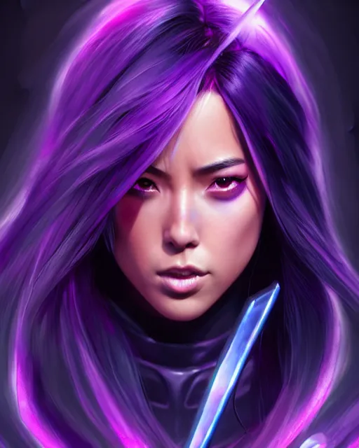 Prompt: Psylocke, Chloe Bennet, long black hair, purple energy sword, realistic character concept, action pose, comic book, illustration, slender symmetrical face and body, artstation, cinematic lighting, hyperdetailed, artgerm, 8k, Rafeal Albuquerque comic book art, single face, insanely detailed and intricate, beautiful