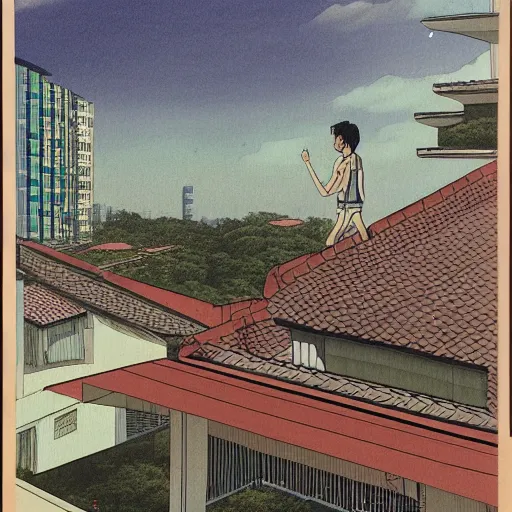 Image similar to art of two singapore students on the roof of a hdb flat, watching the neighbourhood, by moebius