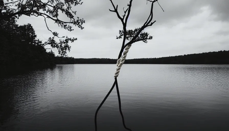 Prompt: photograph of an infinitely long rope floating on the surface of the water, the rope is snaking from the foreground towards the center of the lake, a dark lake on a cloudy day, trees in the background, moody scene, anamorphic lens, kodak color film stock