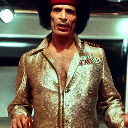 Image similar to A movie still of Muammar Gaddafi wearing a disco suit in Satuday Night Fever