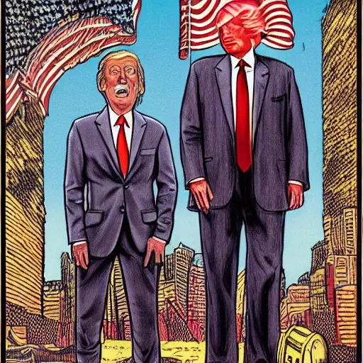 Image similar to !dream The Artwork of R. Crumb and his Cheap Suit Donald Trump and Jared Kushner, pencil and colored marker artwork, trailer-trash lifestyle