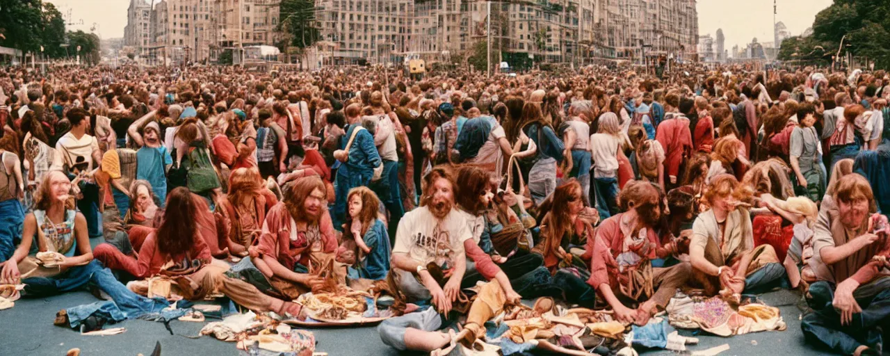 Prompt: hippies protesting spaghetti, 1 9 6 0's, high detail, canon 5 0 mm, wes anderson film, kodachrome