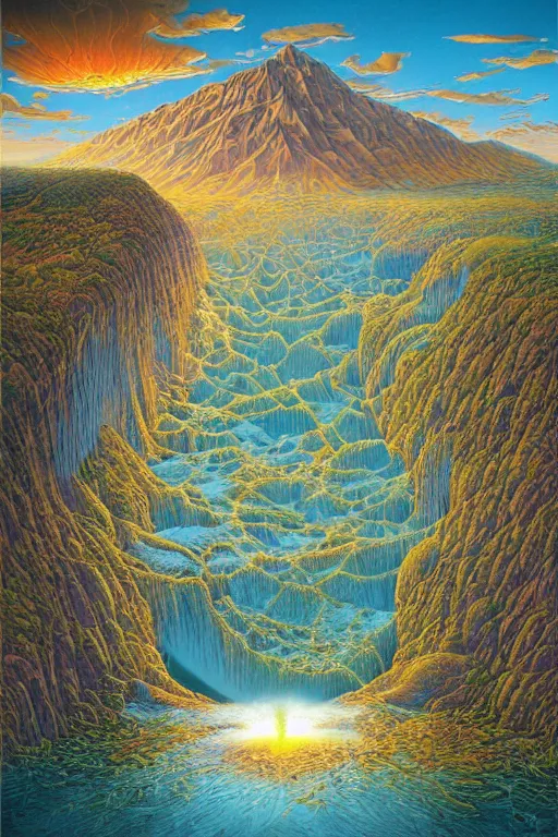 Image similar to sunrise mountain water digital art by jacek yerka trending on artstation