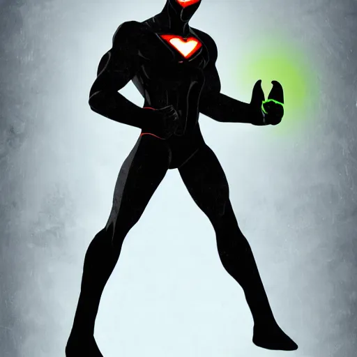 Image similar to dark - skinned superhero with a black suit and very minimal green details, his power comes from a ring that gives him mutant - like powers and a spectacular mask as a weapon he has an expandable staff. he wears no cape. he has a belt as a feline tail, digital art