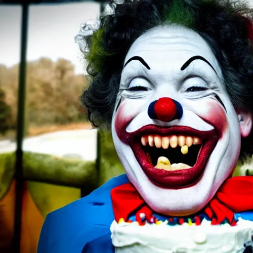 Prompt: happy clown unlocking his jaw in order to devour the world's largest cake, strange photo