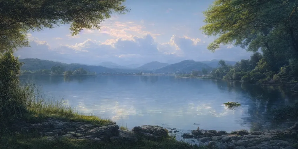Image similar to a beautiful lake landscape in summer, by Ernest deutsch + Ted Nasmith, cinematic lighting, masterpiece, highly detailed, 8k resolution, trending on art station