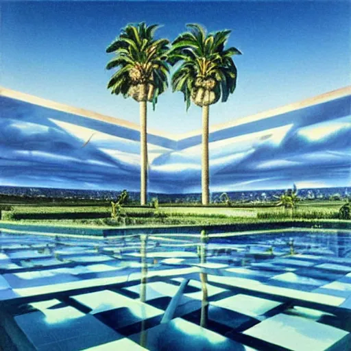 Prompt: David Ligare masterpiece, hyperrealistic surrealism, award winning masterpiece with incredible details, beautiful lighting, pool caustics, illuminated orbs, epic stunning, infinity pool, a surreal vaporwave liminal space, highly detailed, trending on ArtStation, broken giant marble head statue ruins, calming, meditative, geometric liminal space, palm trees, very vaporwave, very very surreal, sharp details, giant gold rings