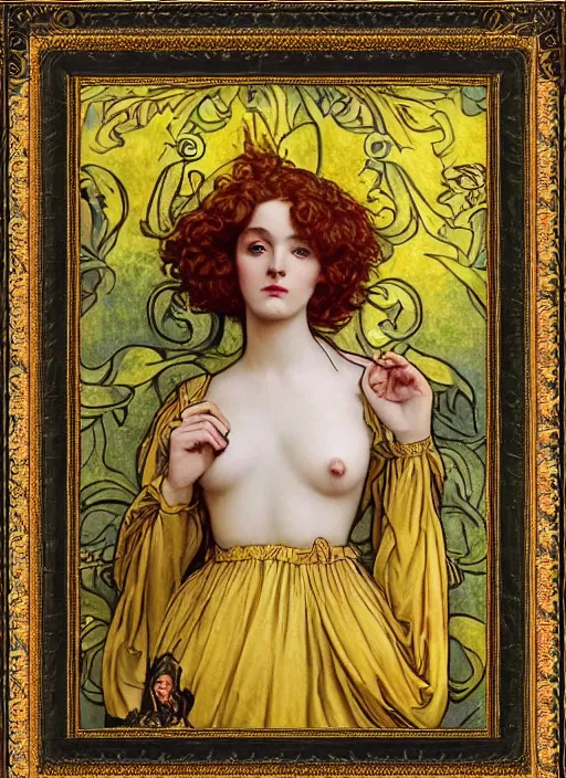 Prompt: masterpiece beautiful seductive curves pose preraphaelite portrait photography, hipster hair fringe, yellow ochre ornate medieval dress, william morris and kilian eng and mucha, framed, 4 k