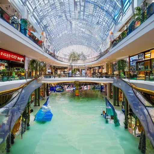 Image similar to photo of inside a shopping mall the inside is flooded with over 2 0 meters depth of clear beautiful water, highly detailed.