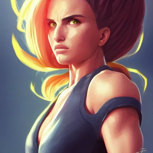 Image similar to super saiyan natalie portman, highly detailed, digital painting, artstation, concept art, smooth, sharp focus, illustration, art by artgerm and greg rutkowski and alphonse mucha