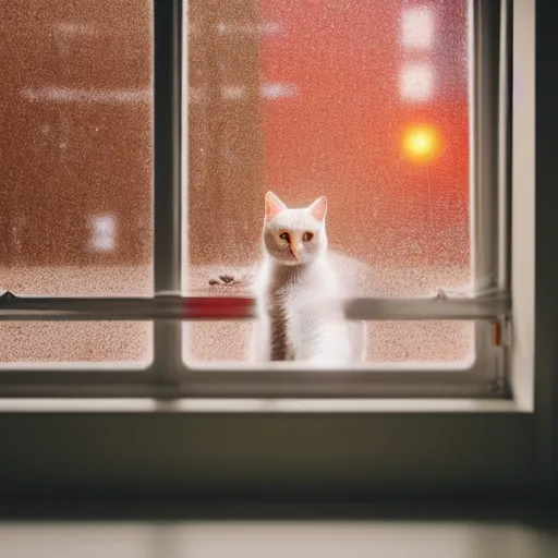 Image similar to back of cute cat sitting in front of a window looking out at a rainy city, cozy indoor lighting, bokeh city lights, 8 k, pixar, octane render