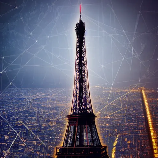 Image similar to A beautiful intricate 8K award-winning cinematic movie photograph of the future Eiffel Tower completely hidden by signs of corporate logos in the year 2043, by Bruno Delbonnel