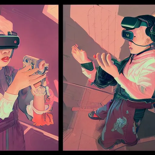 Image similar to portrait a young japanese girl wearing a VR, midnight hour, painted part by josan gonzales, part by dan mumford, part by norman rockwell, part by artstation