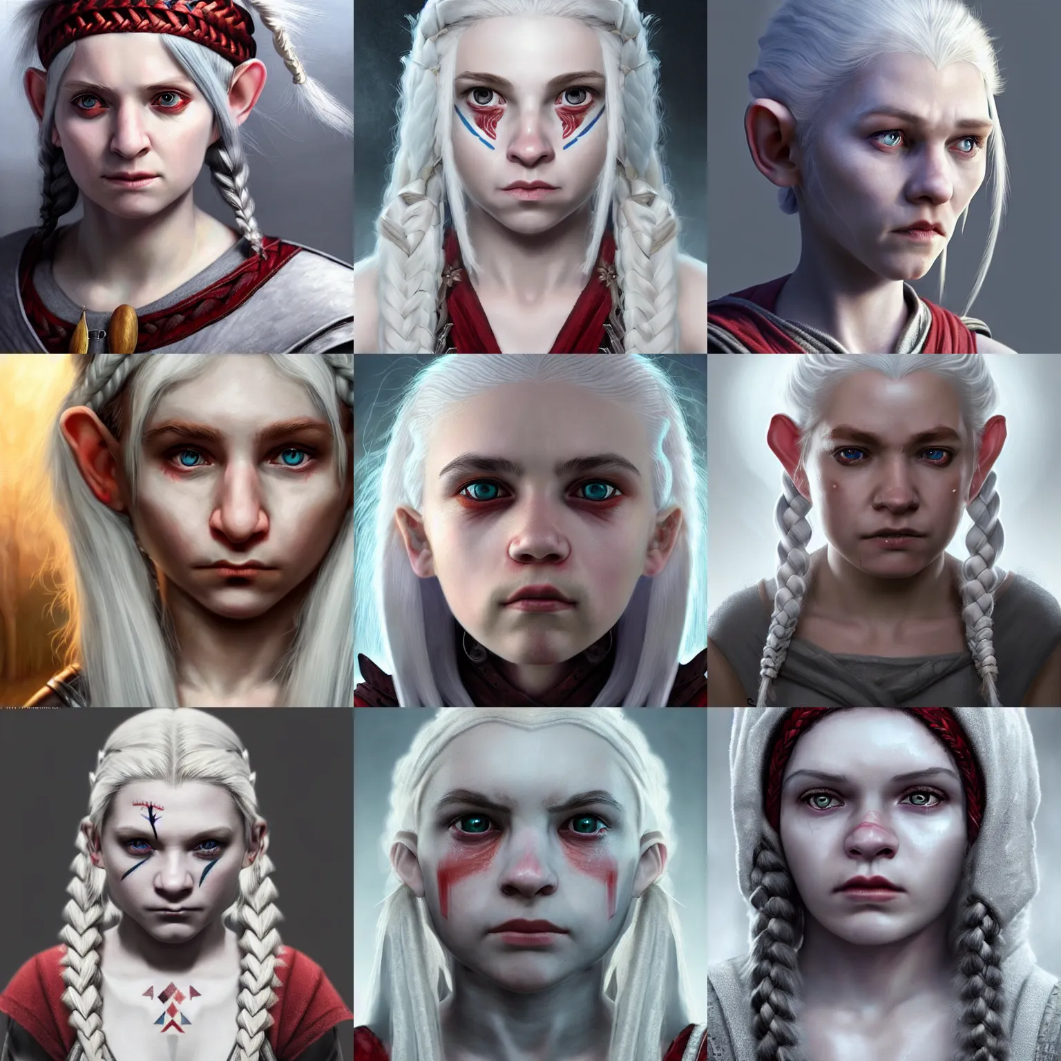 Prompt: realistic portrait of a young female halfling with white - hair!!! and a grey cloak, strange geometric facial - tattoos!!!!!!!!!!!, pale - white skin, red - iris, long braided hair, haunted sad expression, artstation, cinematic lighting, hyper - detailed 8 k