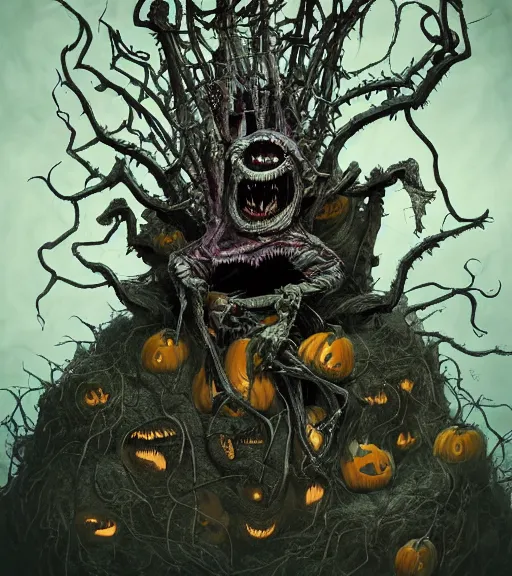 Image similar to a tim burton design of a horrifying king creature made of pumpkin, fat, limbs made from vines, sitting on a stone throne, detailed game art illustration, menacing carved facial expression, creepy lighting, dynamic pose, 4 k artstation, masterpiece