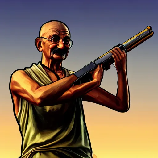 Image similar to Gandhi carrying a weapon in GTA V, cover art by Stephen Bliss, artstation