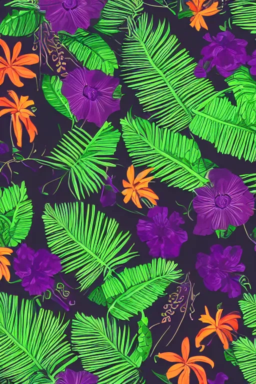 Image similar to sombre detailed vector illustration of photorealistic robotic tropical flowers and green wirey leaves, multiple cohesive colors ranging from warms purples to bright oranges on a ((very dark black factory background)), 4K resolution, trending on artstation, hd wallpaper