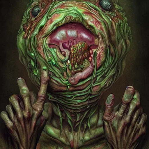 Image similar to a hyperrealistic brightly colored painting of a psychedelic nightmare, flesh, slime, by anton semenov and santiago caruso, highly detailed, vivid color,