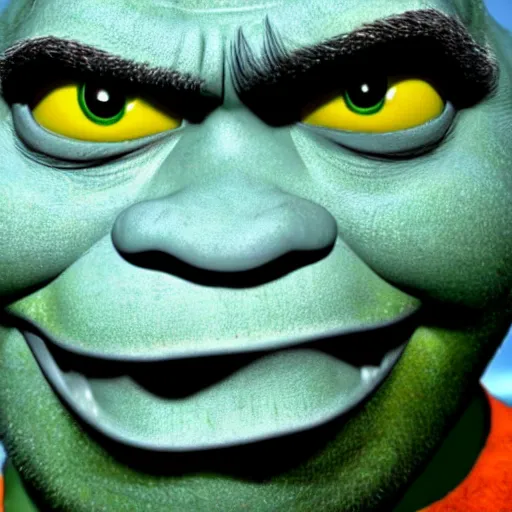 Image similar to shrek!! kubrick stare, menacing, instense stare, close up of face