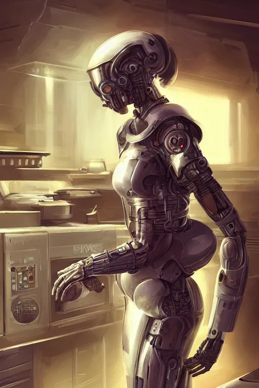 Image similar to sci fi illustration babuska android cyborg in the kitchen, cyberpunk, sci-fi fantasy, intricate, elegant, highly detailed, digital painting, artstation, concept art