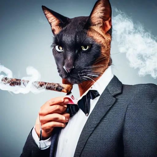 Image similar to black cat smoking cigar and wearing suit. award winning photo. high quality high fidelity. 4 k. unsplash.