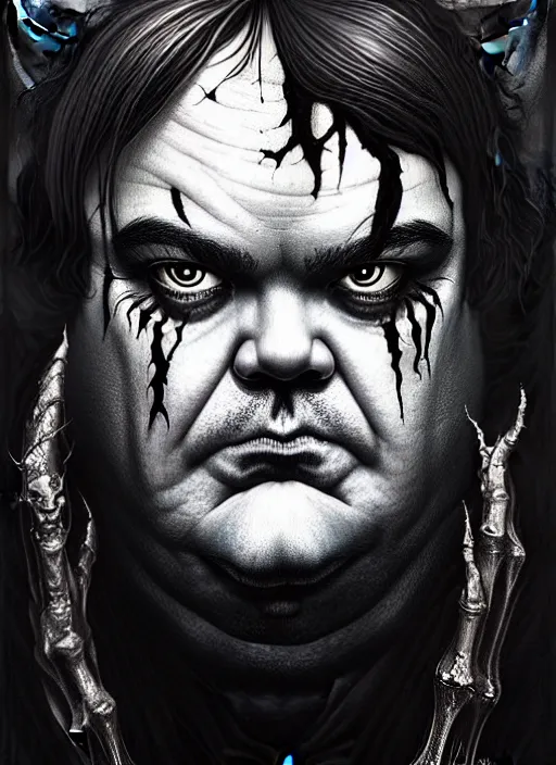 Image similar to a dream portrait jack black as god of the death, black & white, melting, webbing, 8 k, by tristan eaton, stanley artgerm, tom bagshaw, greg rutkowski, carne griffiths, ayami kojima, beksinski, giger, trending on deviantart, face enhance, hyper detailed, minimalist, horror, alien