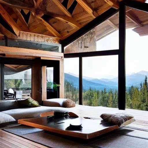 Prompt: “extravagant luxury mountain home, modern rustic, Japanese and Scandinavian influences, at sunrise”