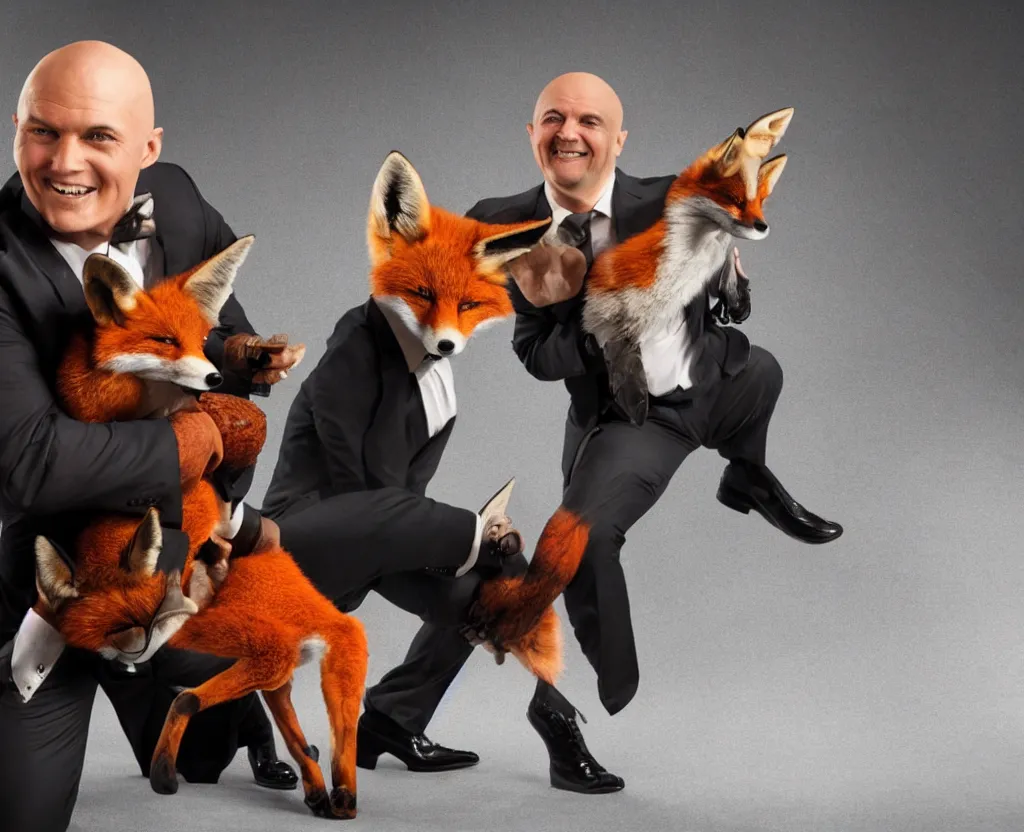 Image similar to a photo of happy agent 4 7 with a fox, studio photo, stunning scenery, award winning photo
