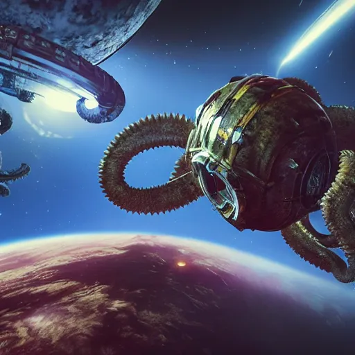 Image similar to a biomechanical space kraken attacking an orbital space station, hype realistic, volumetric lighting, cosmic horror, Art station, Octane render, Unreal Engine 3D