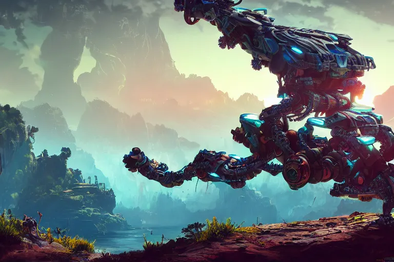 Image similar to clamberjaw machine mecanical creature robot of horizon forbidden west horizon zero dawn bioluminiscence global illumination ray tracing hdr fanart arstation by ian pesty and alena aenami artworks in 4 k