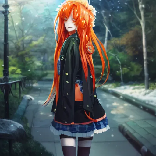 Prompt: a very beautiful anime girl, full body, long braided curly orange hair, green eyes, full round face, short smile, casual clothes, winter setting, cinematic lightning, medium shot, mid-shot, highly detailed, trending on Artstation, Unreal Engine 4k, cinematic wallpaper by Stanley Artgerm Lau, WLOP, Rossdraws, James Jean, Andrei Riabovitchev, Marc Simonetti, and Sakimichan