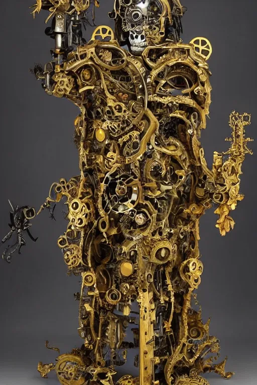 Image similar to full-body baroque and cyberpunk style sculpture of a young handsome Spanish prince half android with a chest opening exposing sparking circuitry, glowing green laser eyes, crown of mechanical gears and flowers, flowing golden-colored silk, fabric, steampunk archways. baroque elements, human skull. full-length view. baroque element. intricate artwork by caravaggio. many many birds birds on background. Trending on artstation, octane render, cinematic lighting from the right, hyper realism, octane render, 8k, depth of field, 3D