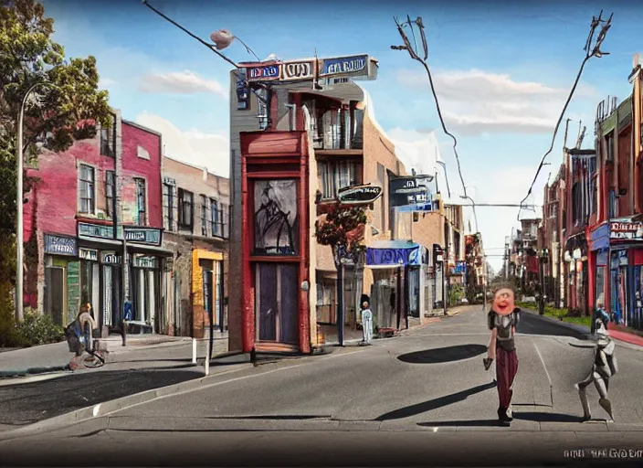 Prompt: north melbourne street, lowbrow, cables, matte painting, 3 - d highly detailed, in the style of mark ryden