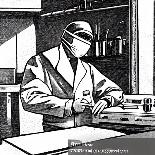 Prompt: a shady masked surgeon in a secret lab, dreamy, highly detailed, fog