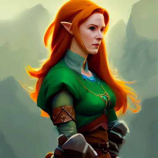 Image similar to portrait of a female Link from Triss Merigold medium shot, asymmetrical, profile picture, Organic Painting, sunny day, Matte Painting, bold shapes, hard edges, street art, trending on artstation, by Greg Manchess and Huang Guangjian and Loish and Gil Elvgren and Sachin Teng