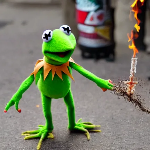 Prompt: kermit the frog throwing a molotov cocktail, photograph