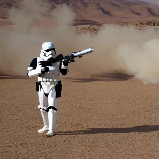 Image similar to Action shot of stormtrooper having a firefight with jedi knights, lightsabers and lasers, desert