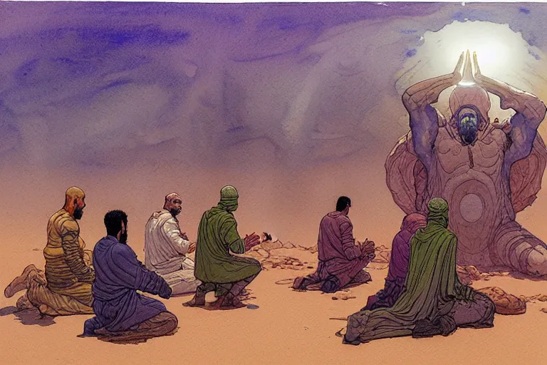 Image similar to a hyperrealist watercolour character concept art portrait of a group of middle eastern men kneeling down in prayer in front of a giant alien on a misty night in the desert. by rebecca guay, michael kaluta, charles vess and jean moebius giraud