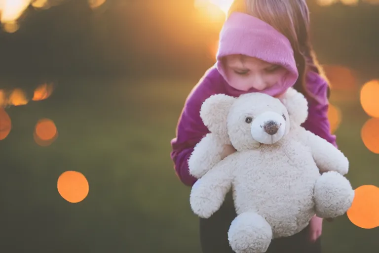Image similar to canon, 30mm, bokeh, girl holding a teddy bear, snuggly, black hair, sunset, contrejour