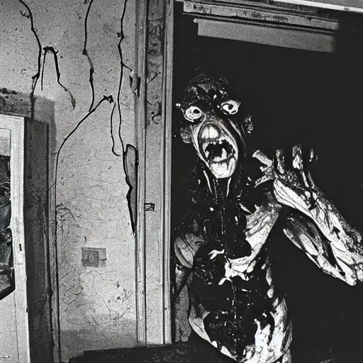 Prompt: 1 9 9 3, disposable camera, flash, old abandoned house, mutant creature standing, meat, ooze, slime, veins, wet