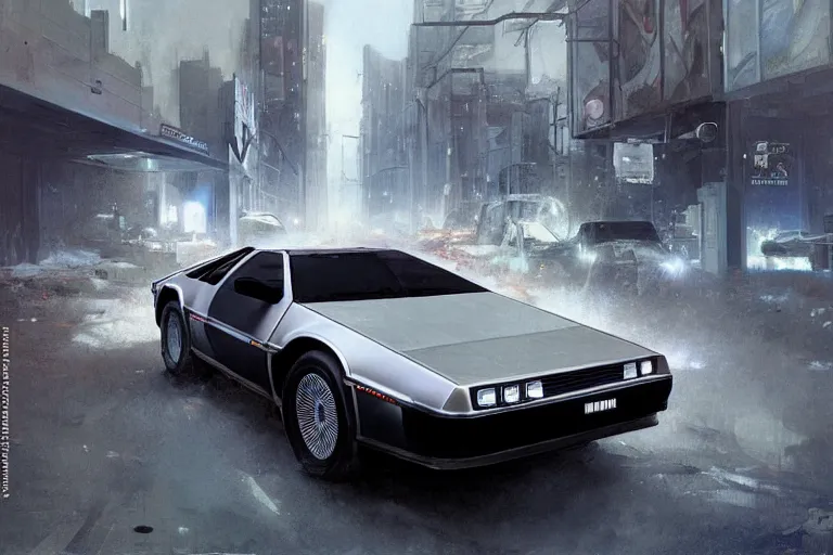 Image similar to photograph of the delorean, with a sleek spoiler, driving down the streets of a cyberpunk abandoned city, by greg rutkowski, by stanley artgerm, by alphonse mucha