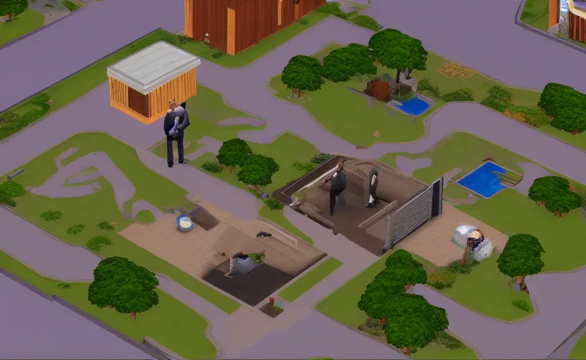 Image similar to bill gates pissing his pants in the sims 2, pc screenshot, zoomed out top down view
