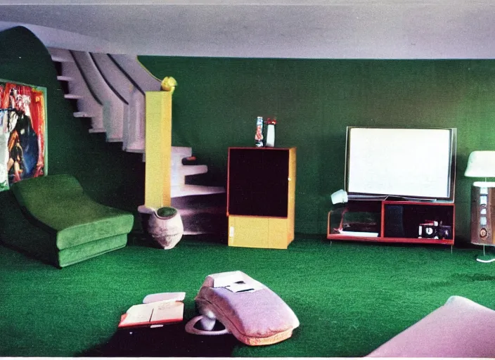 Prompt: 1 9 8 0 s living room with green carpet and a zenith television with atari 2 6 0 0, movie still, 8 k