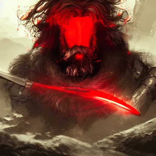 Prompt: A man with red glowing eyes and a beard and a giant sword killing monsters badass , digital art , trending on artstation , Hyperdetailed , CGSociety