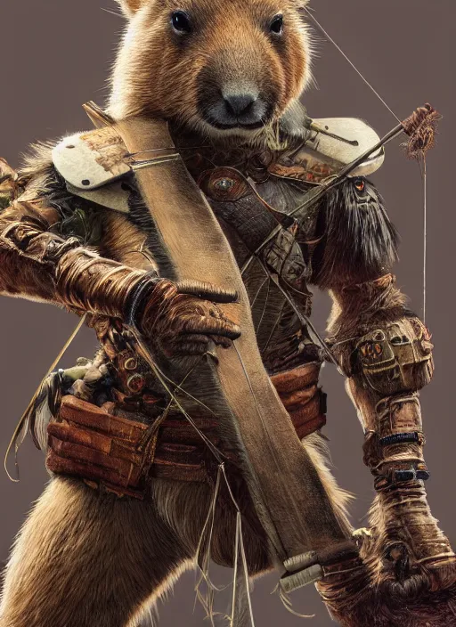 Prompt: detailed full body concept art illustration, soft focus, oil painting on canvas of an anthropomorphic capybara archer in full intricate clothing, biomutant, dystopian, micro detail, octane render, 4K
