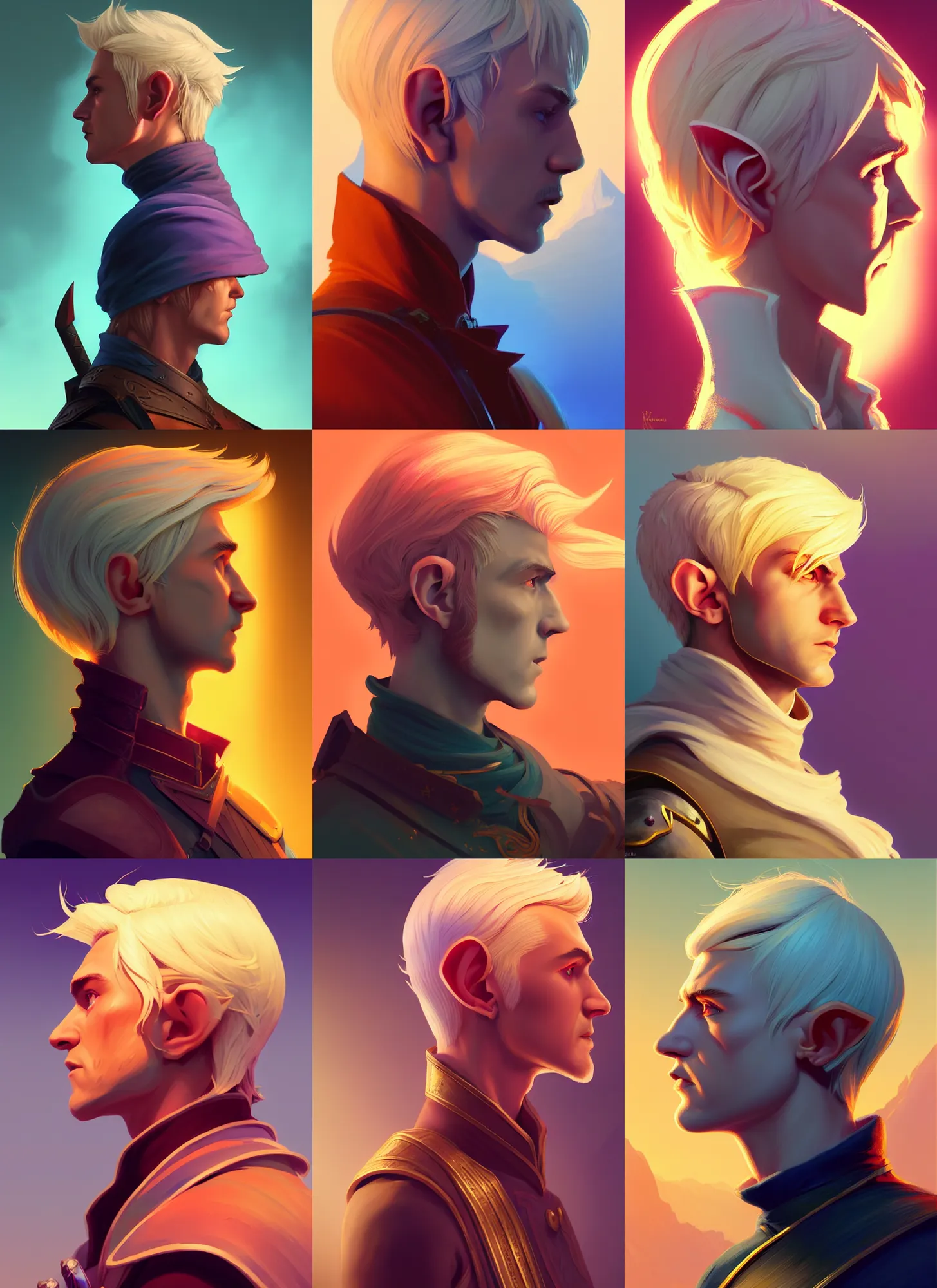 Prompt: side profile centered painted portrait, male blonde elf ranger, rage, d & d, gloomhaven, matte painting concept art, art nouveau, beautifully backlit, swirly vibrant color lines, fantastically gaudy, aesthetic octane render, 8 k hd resolution, by ilya kuvshinov and cushart krentz and gilleard james