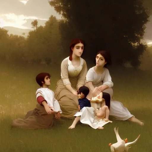 Prompt: william adolphe bouguereau ilustration a family gathering in the country, style goro fujita, character art, sharp focus, highly detailed, artstation